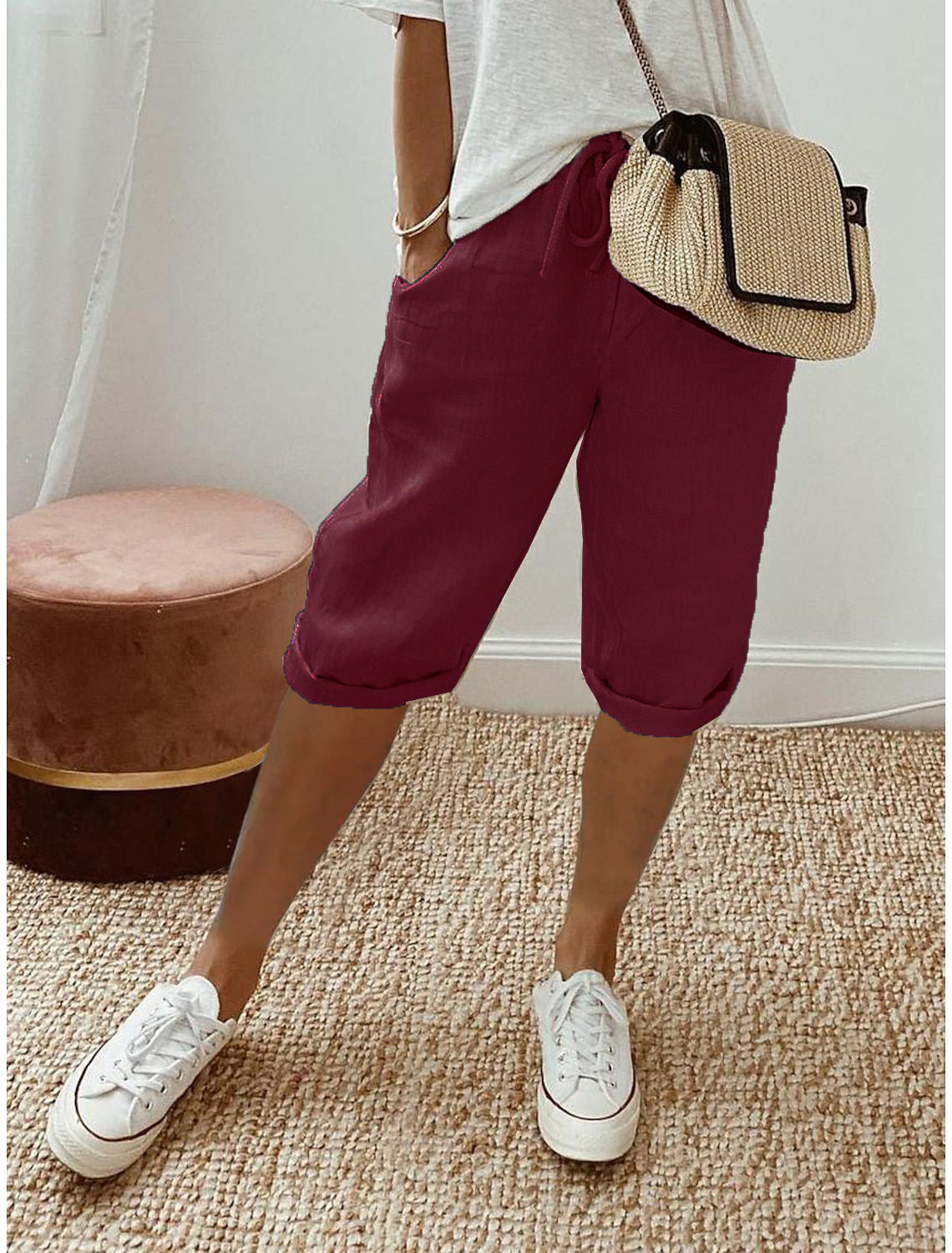Drawstring Waist Cropped Linen Blend Pants - WineRed