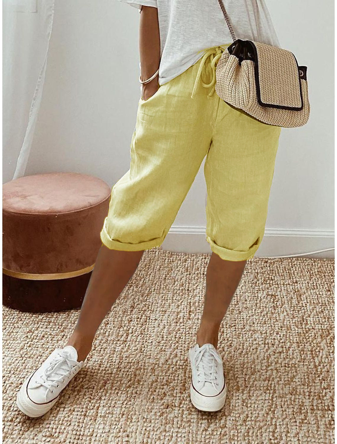 Drawstring Waist Cropped Linen Blend Pants - Yellow