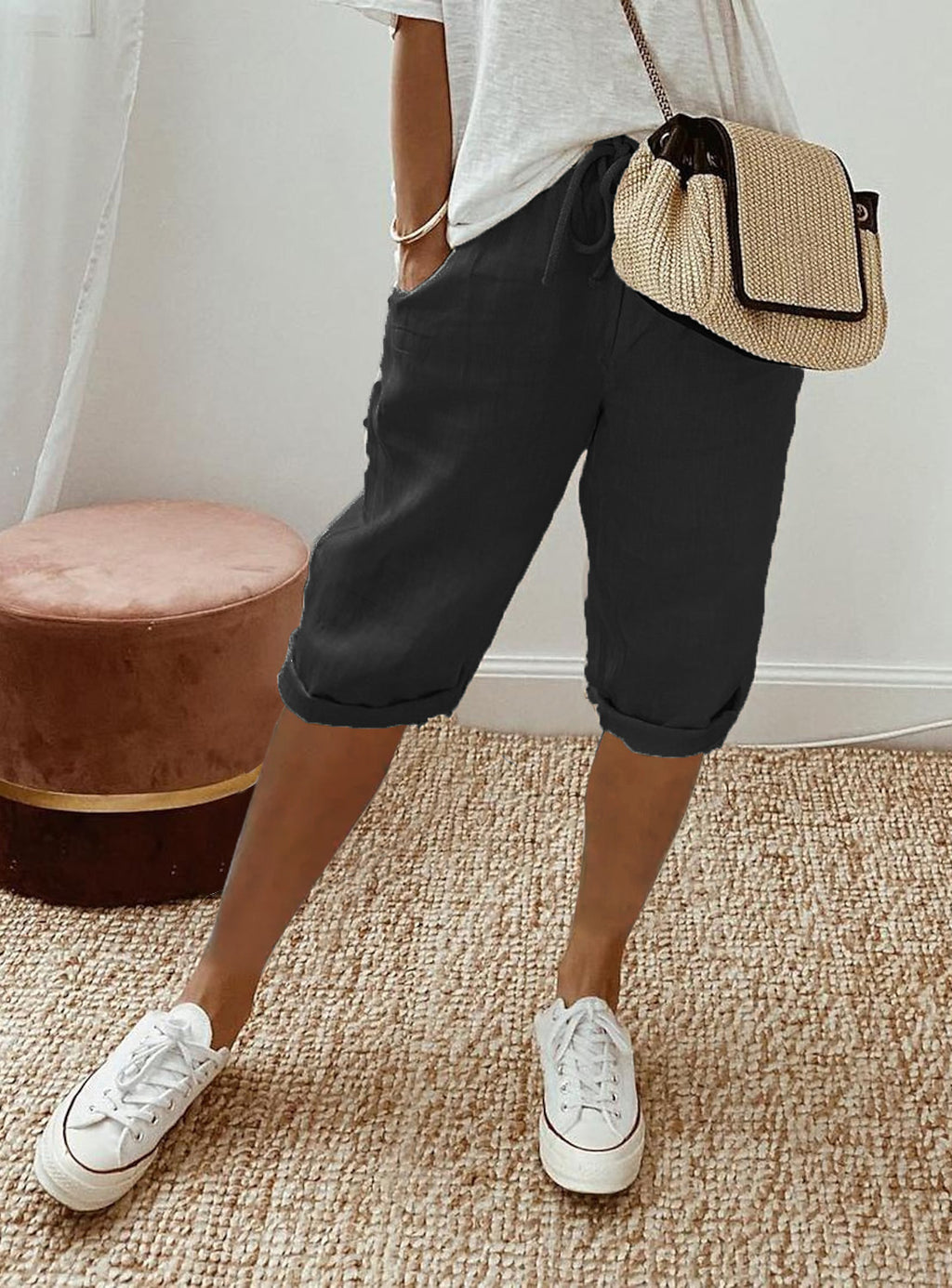 Drawstring Waist Cropped Linen Blend Pants - black