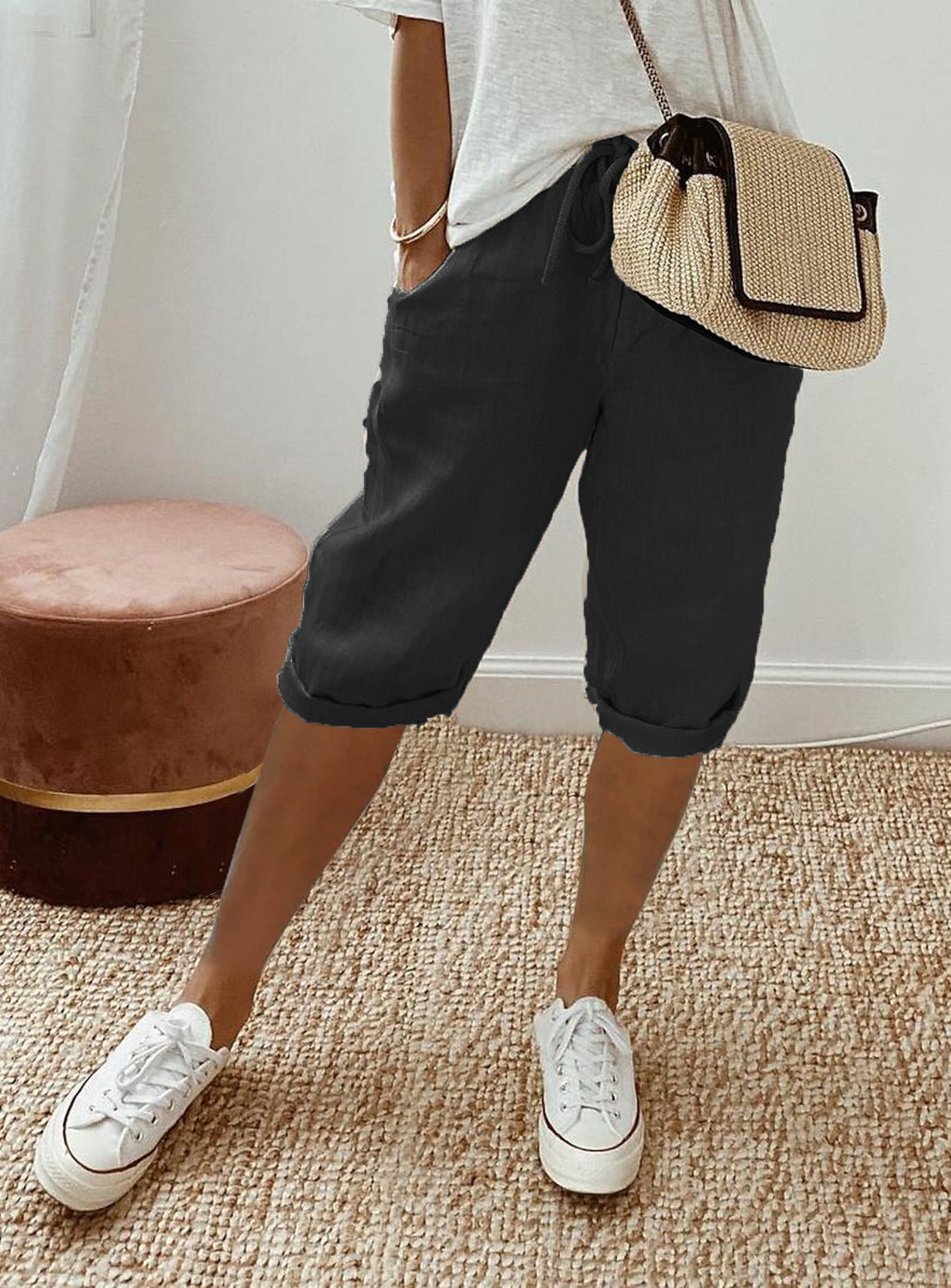 Drawstring Waist Cropped Linen Blend Pants - black