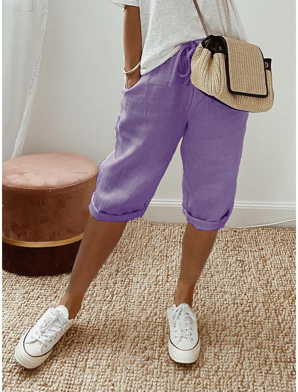 Drawstring Waist Cropped Linen Blend Pants - purple