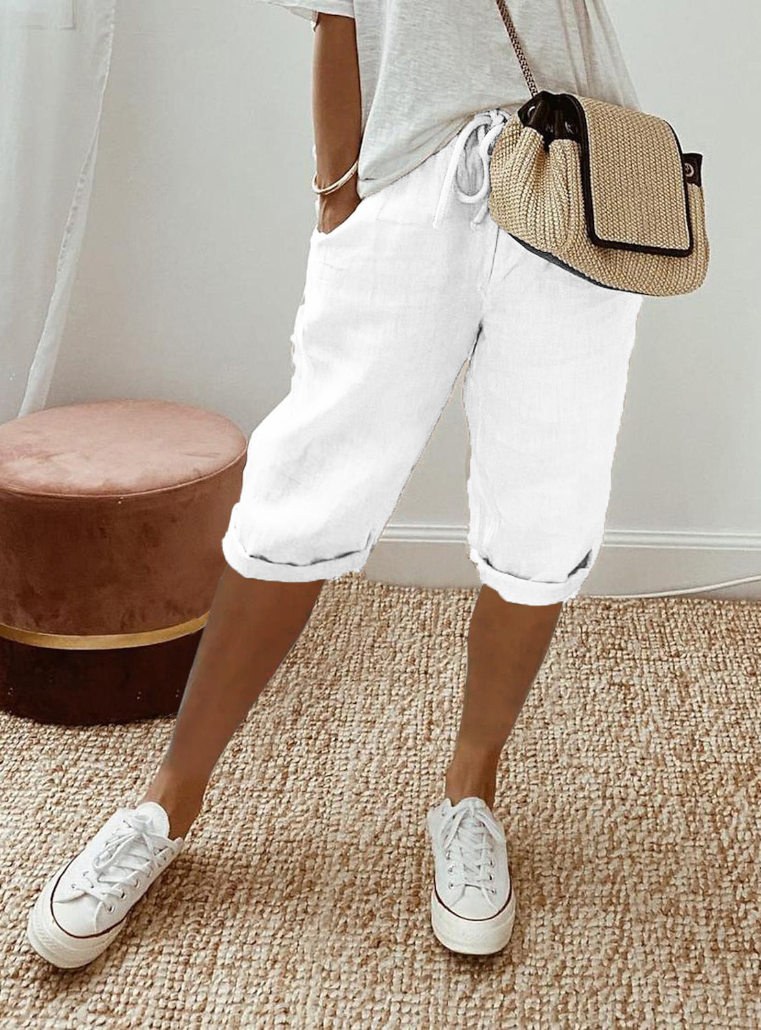 Drawstring Waist Cropped Linen Blend Pants - white