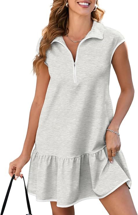 Zip Collar Cap Sleeve Ruffle Mini Dress - Grey