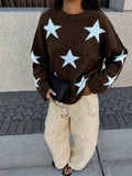 Star Knit Sweater in Brown with Relaxed Crew Neck - Brown