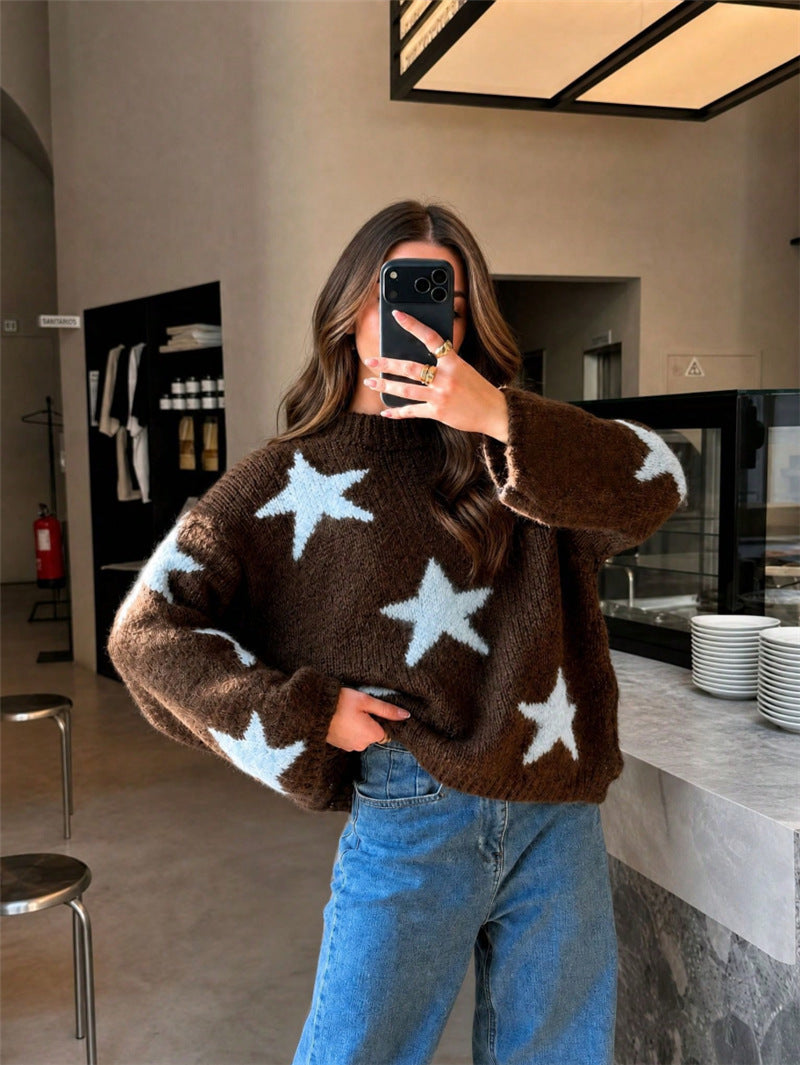 Star Knit Sweater in Brown with Relaxed Crew Neck - Brown - 1