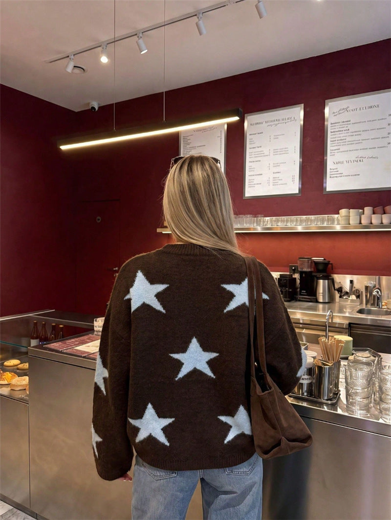Star Knit Sweater in Brown with Relaxed Crew Neck - Brown - 2