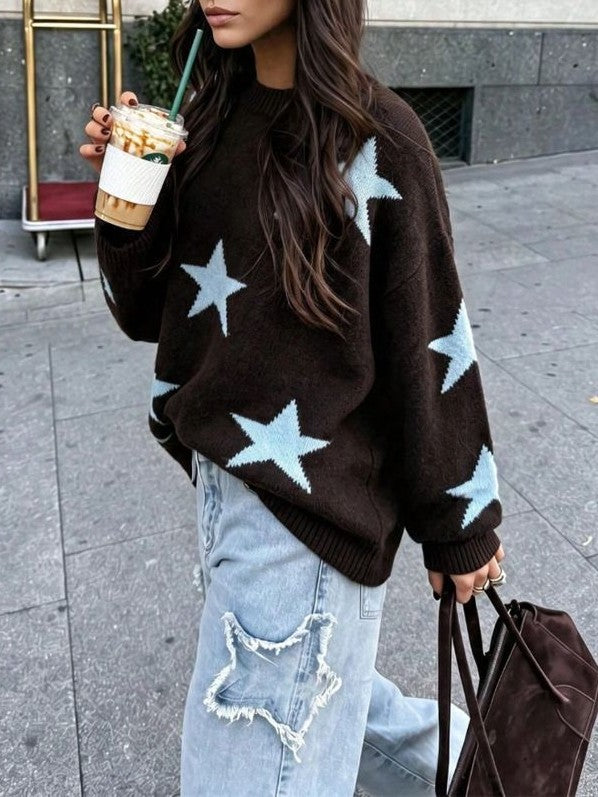 Star Knit Sweater in Brown with Relaxed Crew Neck - Brown - 3