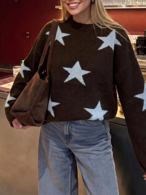 Star Knit Sweater in Brown with Relaxed Crew Neck - Brown - 4