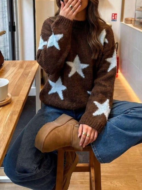 Star Knit Sweater in Brown with Relaxed Crew Neck - Brown - 5