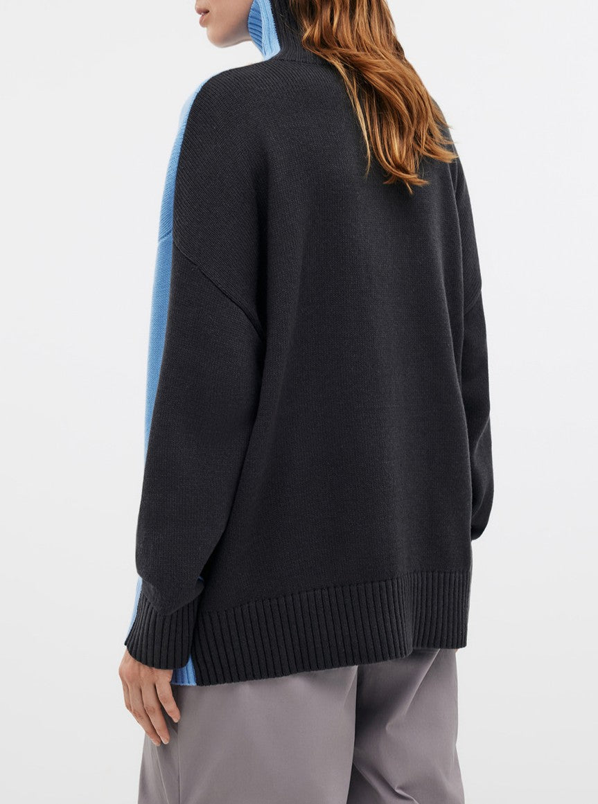 Colorblock Patch Pocket Turtleneck Sweater - Blue - 1
