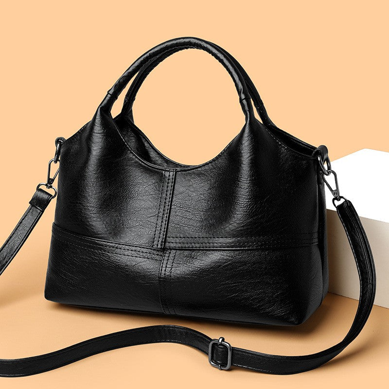 Vintage Patchwork Top Handle Bag with Crossbody Strap - Black