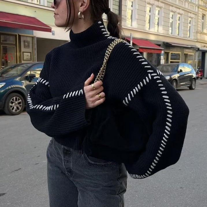 Contrast Whipstitch Mock Neck Knit Sweater - Black