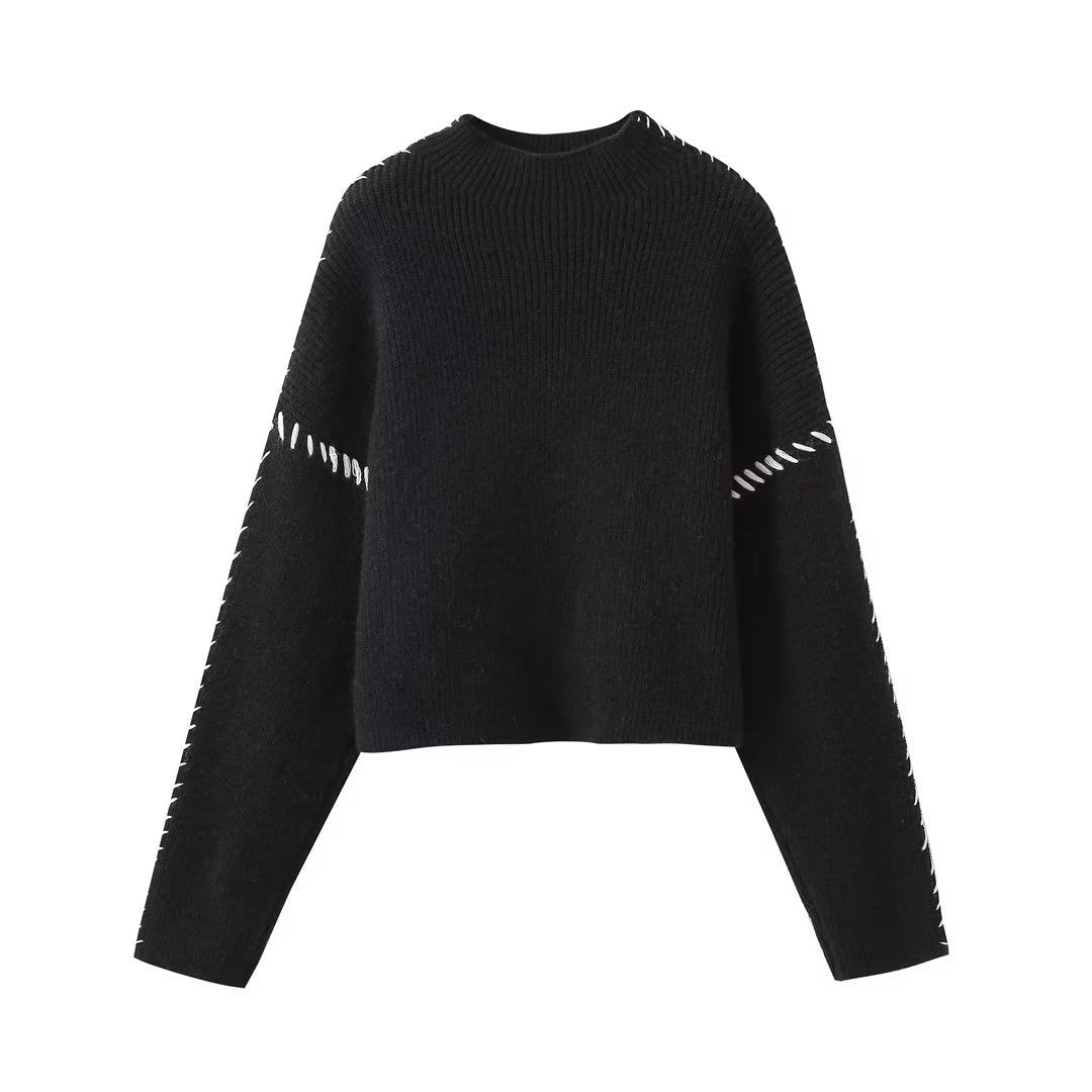 Contrast Whipstitch Mock Neck Knit Sweater - Black - 1