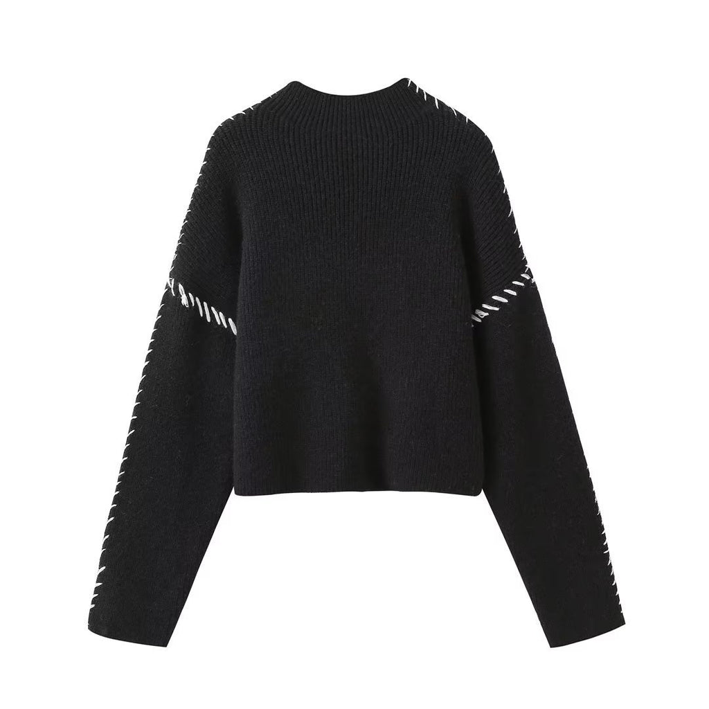 Contrast Whipstitch Mock Neck Knit Sweater - Black - 2