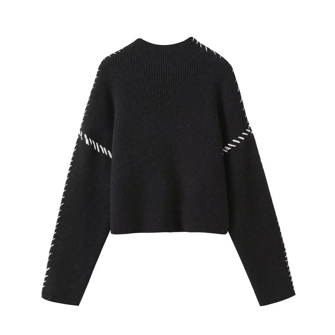 Contrast Whipstitch Mock Neck Knit Sweater - Black - 2
