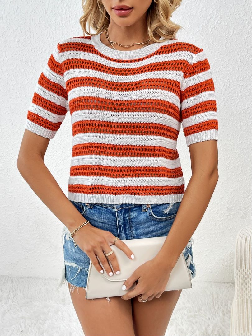 Pointelle Stripe Short Sleeve Knit Top - Orange