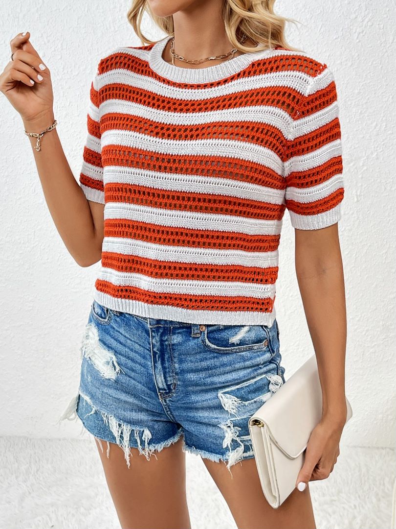 Pointelle Stripe Short Sleeve Knit Top - Orange - 1
