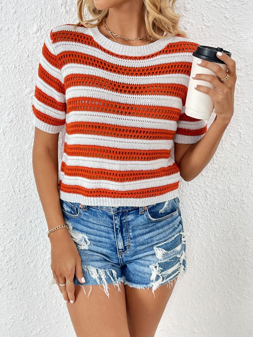 Pointelle Stripe Short Sleeve Knit Top - view 1