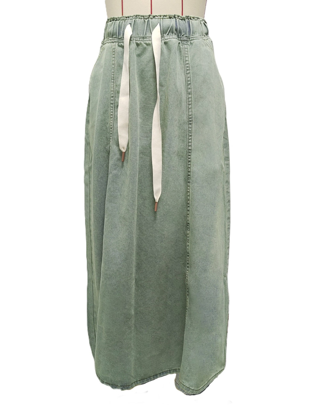 Drawstring Waist Maxi Skirt Raw Hem - Green