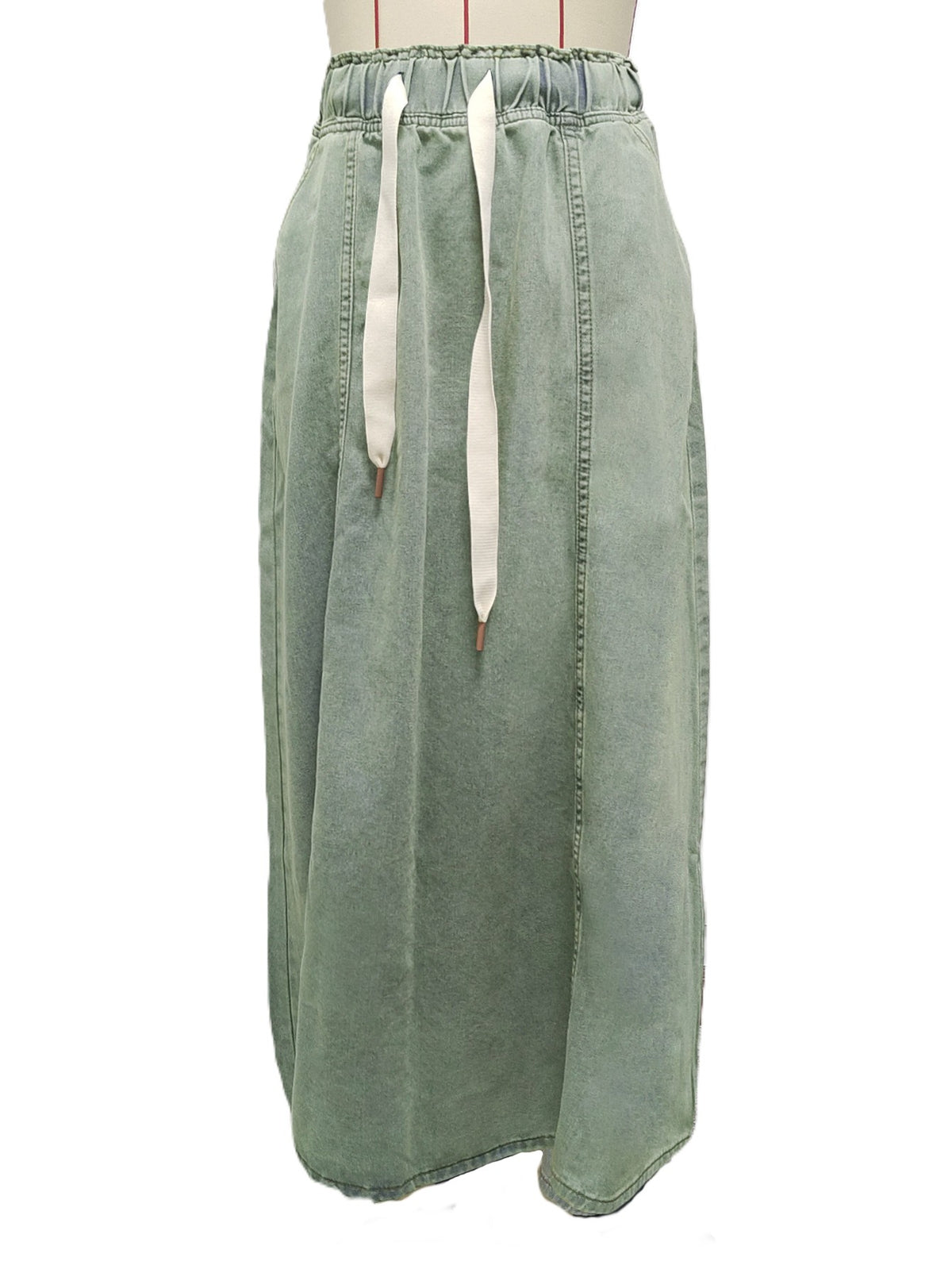 Drawstring Waist Maxi Skirt Raw Hem - Green