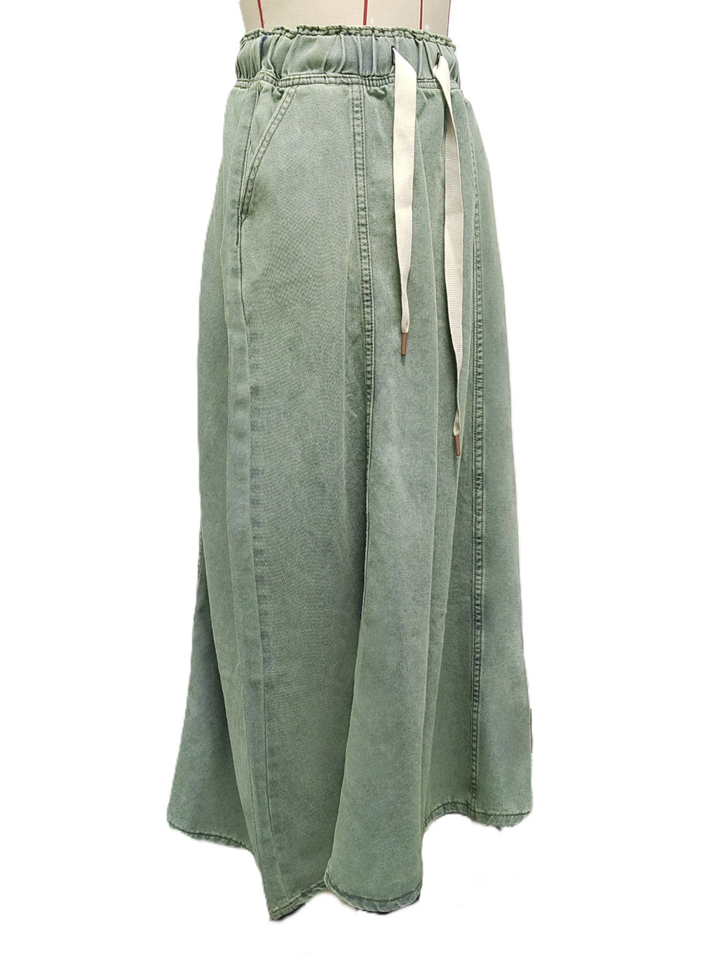 Drawstring Waist Maxi Skirt Raw Hem - Green - 1