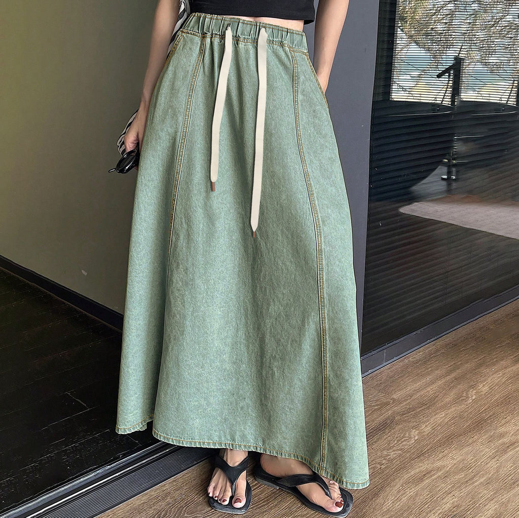 Drawstring Waist Maxi Skirt Raw Hem - view 1