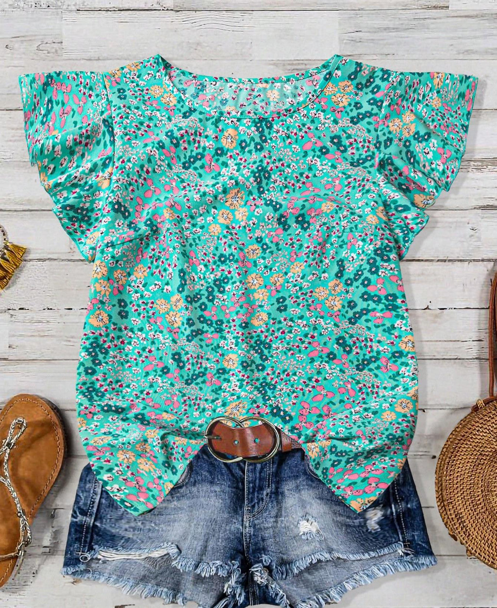 Ruffled Cap Sleeve Blouse With Micro Floral Print - Cyan