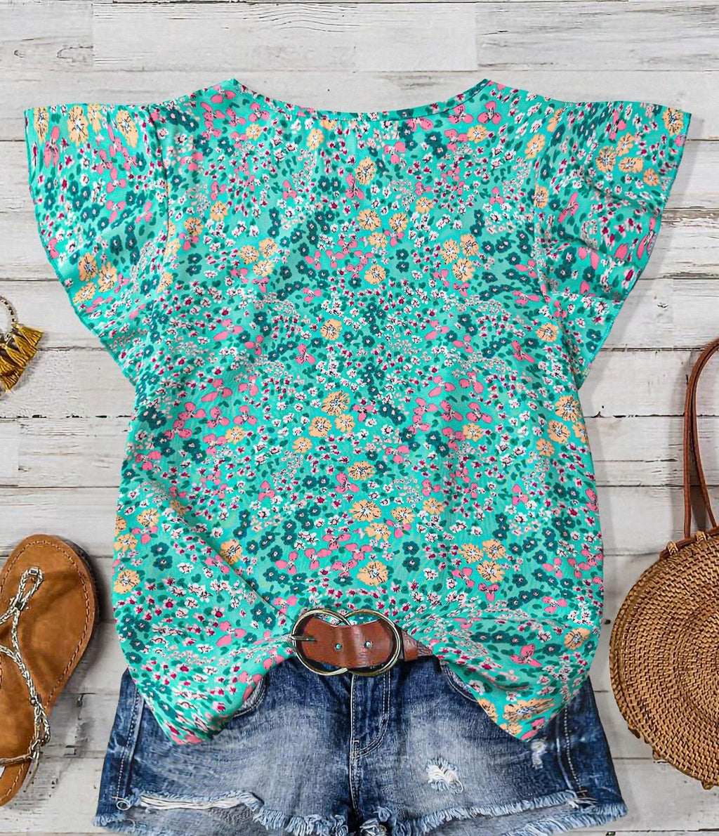 Ruffled Cap Sleeve Blouse With Micro Floral Print - Cyan - 1