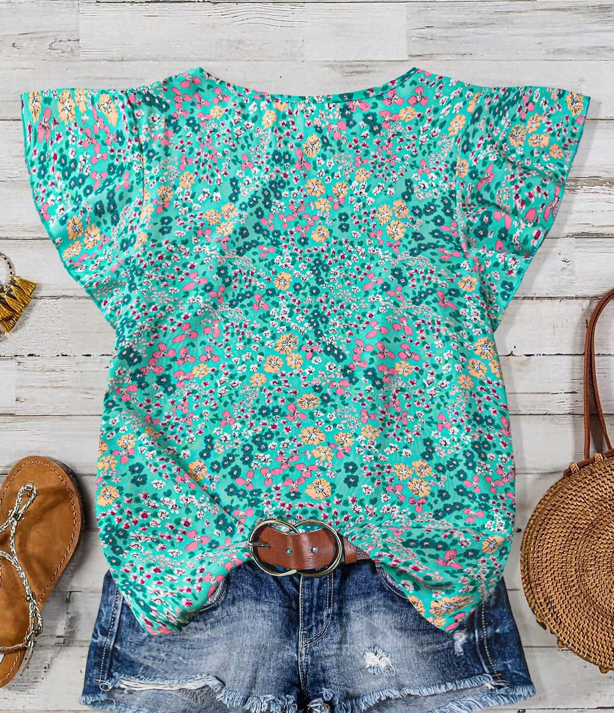 Ruffled Cap Sleeve Blouse With Micro Floral Print - Cyan - 1