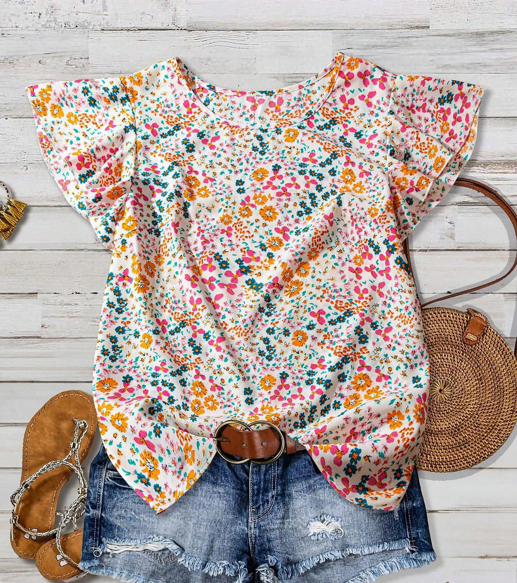 Ruffled Cap Sleeve Blouse With Micro Floral Print - Orange