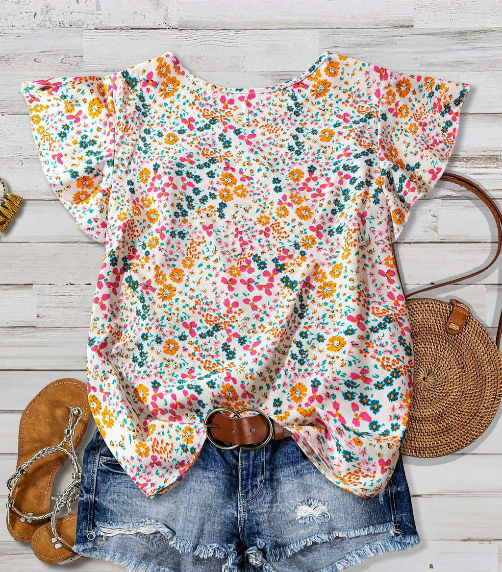 Ruffled Cap Sleeve Blouse With Micro Floral Print - Orange - 1