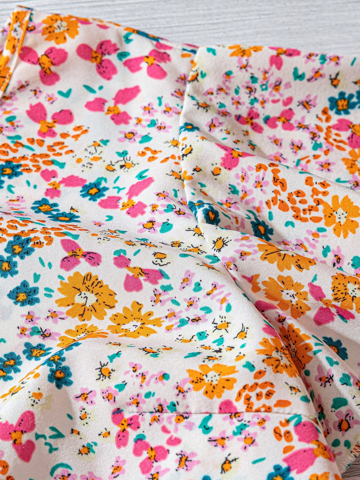 Ruffled Cap Sleeve Blouse With Micro Floral Print - Orange - 2
