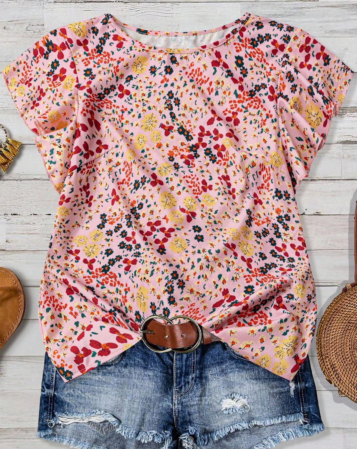 Ruffled Cap Sleeve Blouse With Micro Floral Print - Pink