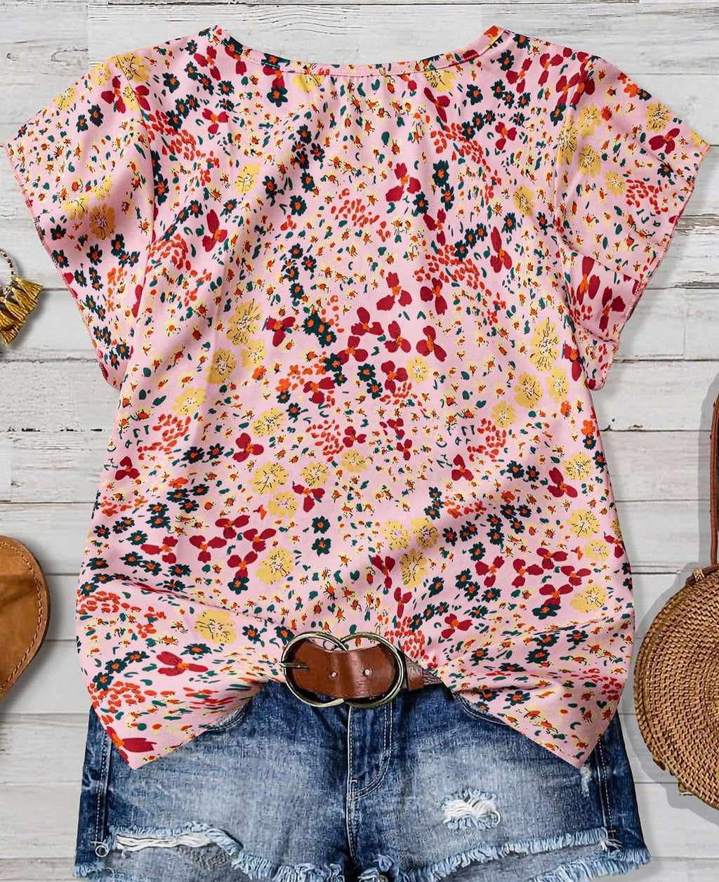 Ruffled Cap Sleeve Blouse With Micro Floral Print - Pink - 1