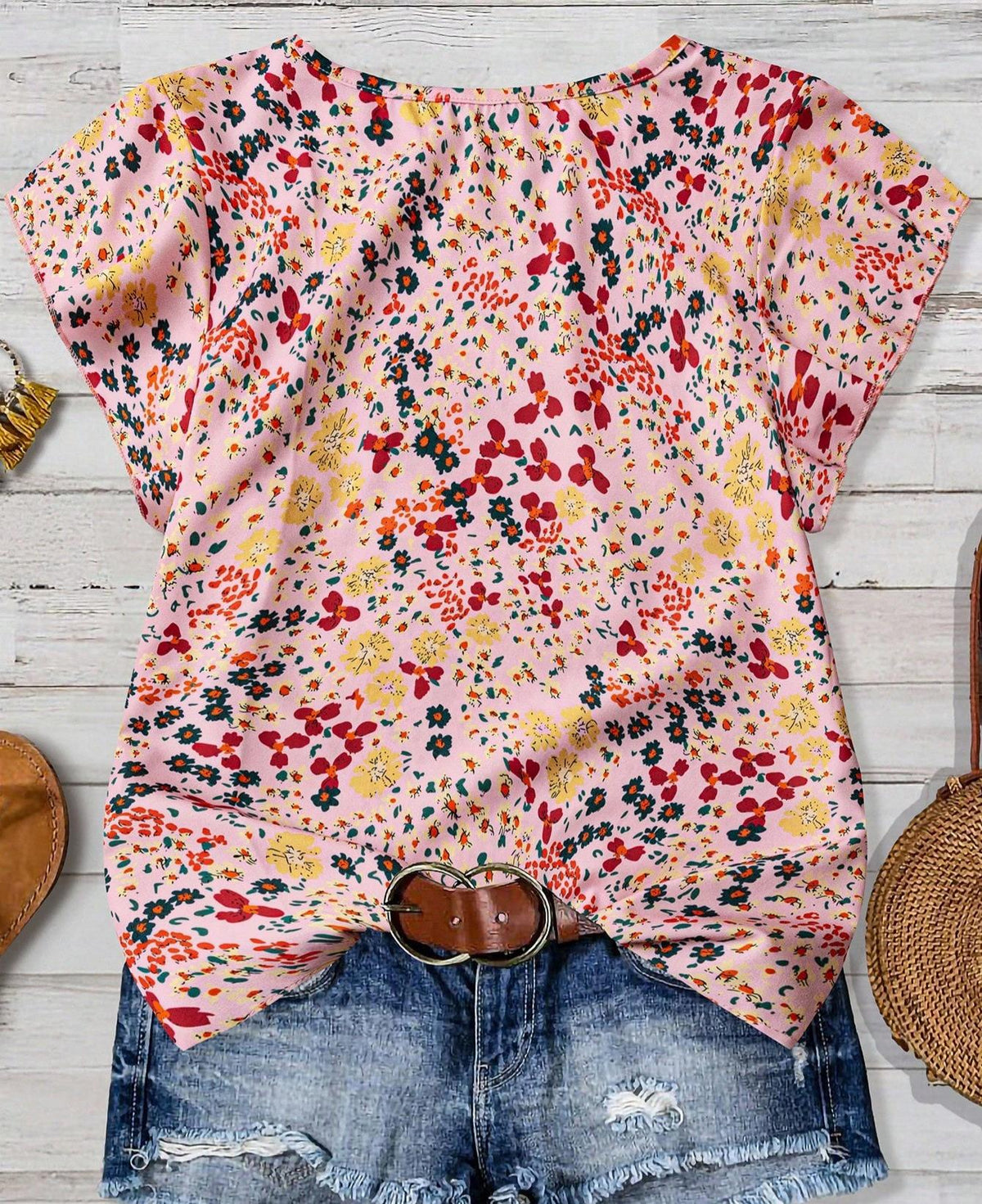 Ruffled Cap Sleeve Blouse With Micro Floral Print - Pink - 1