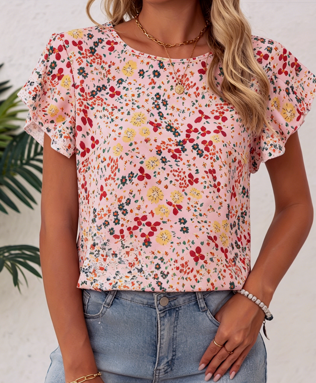 Ruffled Cap Sleeve Blouse With Micro Floral Print - Pink - 3
