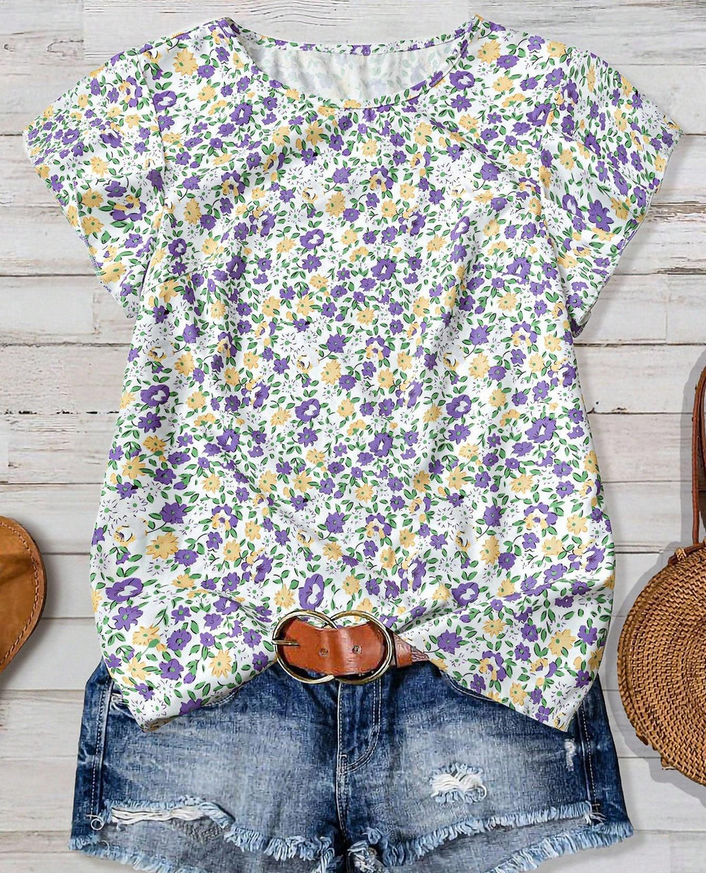 Ruffled Cap Sleeve Blouse With Micro Floral Print - Purple - 1