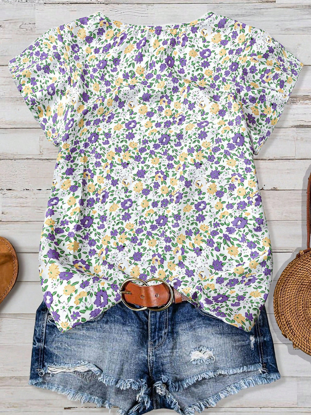 Ruffled Cap Sleeve Blouse With Micro Floral Print - Purple - 2