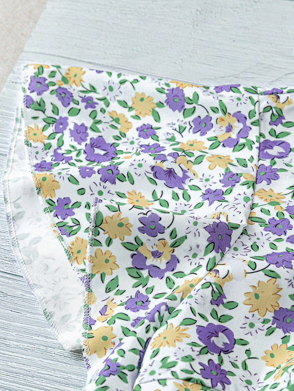 Ruffled Cap Sleeve Blouse With Micro Floral Print - Purple - 4