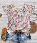 Ruffled Cap Sleeve Blouse With Micro Floral Print - Yellow