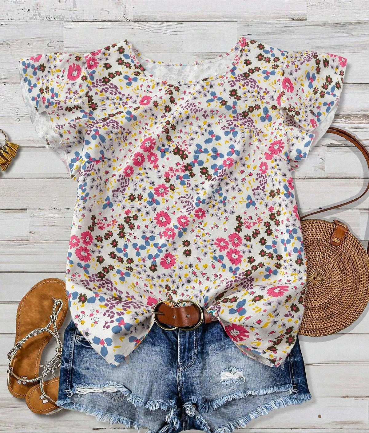 Ruffled Cap Sleeve Blouse With Micro Floral Print - Yellow