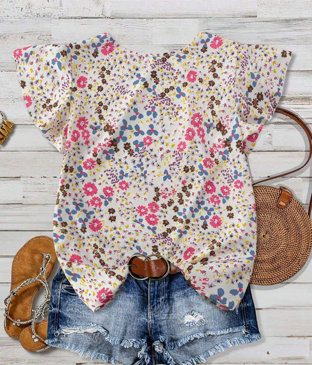Ruffled Cap Sleeve Blouse With Micro Floral Print - Yellow - 1