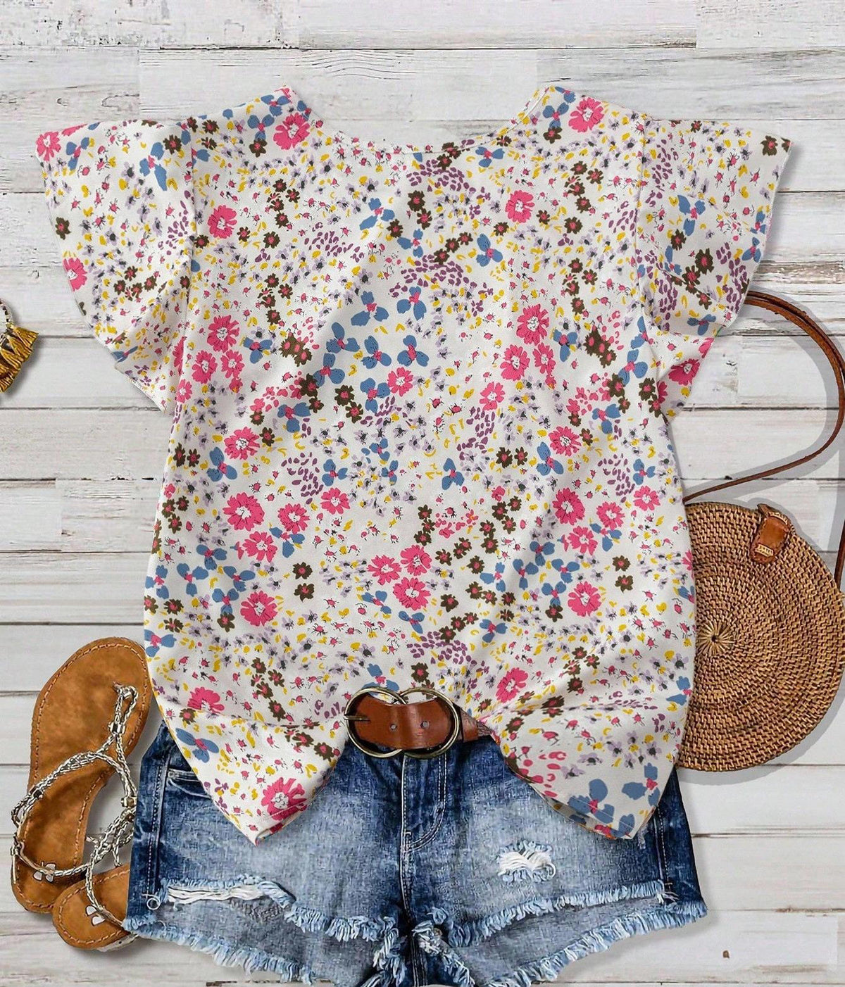 Ruffled Cap Sleeve Blouse With Micro Floral Print - Yellow - 1
