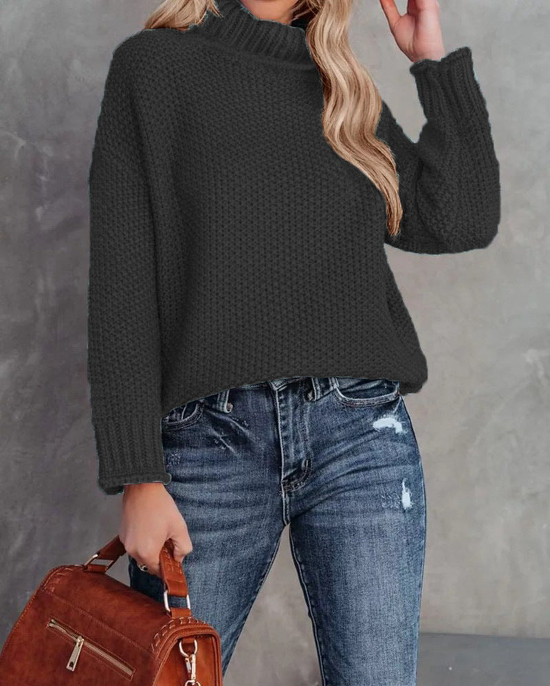 Chunky Waffle Stitch Turtleneck Pullover - Black
