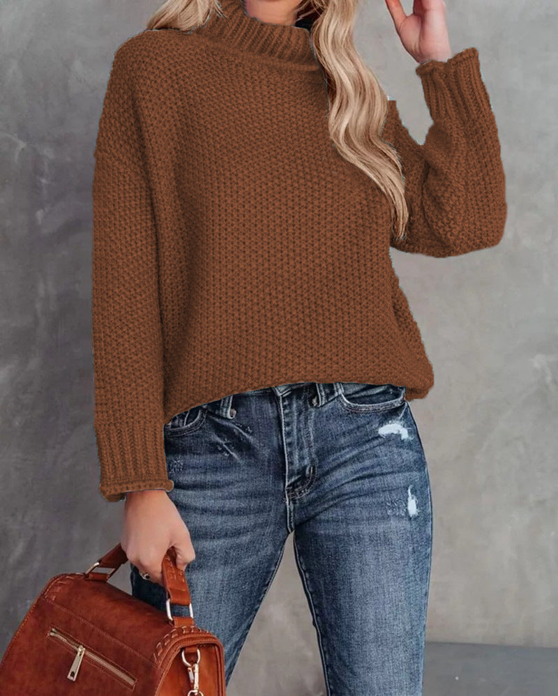 Chunky Waffle Stitch Turtleneck Pullover - Coffee