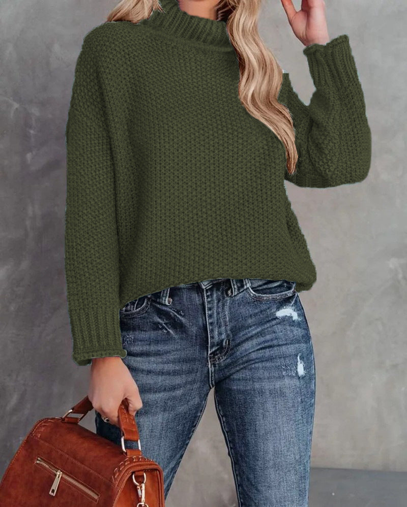 Chunky Waffle Stitch Turtleneck Pullover - DkGreen
