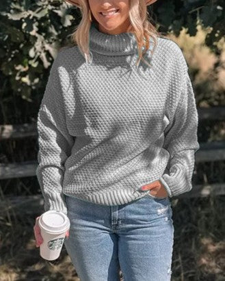 Chunky Waffle Stitch Turtleneck Pullover - Gray