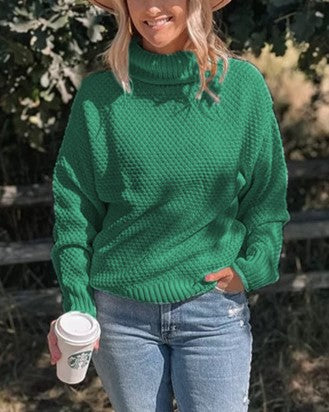 Chunky Waffle Stitch Turtleneck Pullover - Green