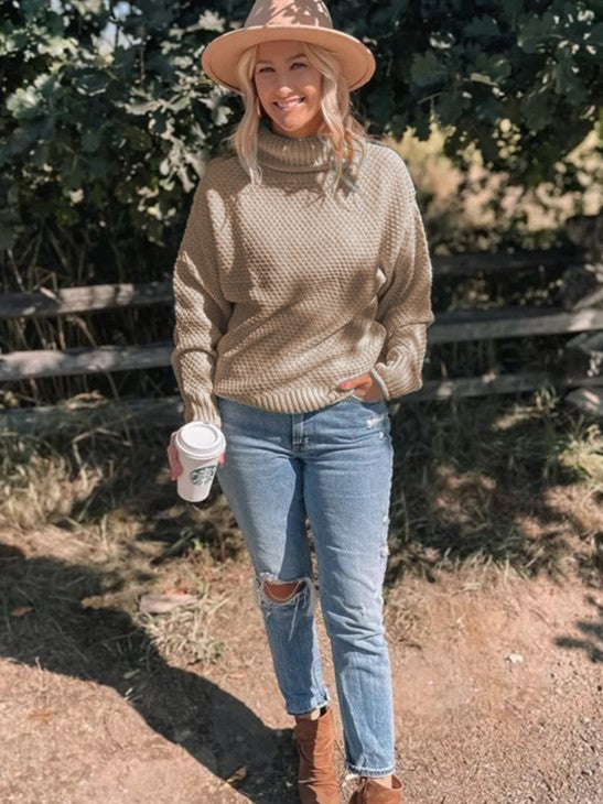 Chunky Waffle Stitch Turtleneck Pullover - Khaki