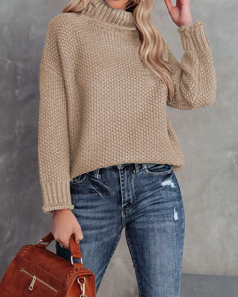 Chunky Waffle Stitch Turtleneck Pullover - Khaki - 1